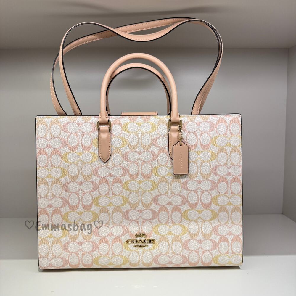 Coach Maggie Tote Bag In Pretty Signature Canvas Chalk/Pink CDZ06 NWT
